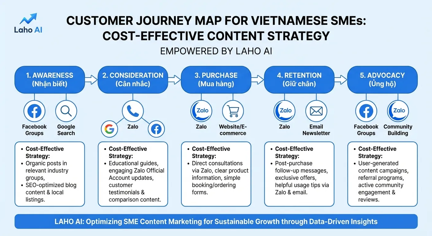 Bản đồ hành trình khách hàng SME cùng Laho AI qua Facebook Groups, Zalo và Google Search.