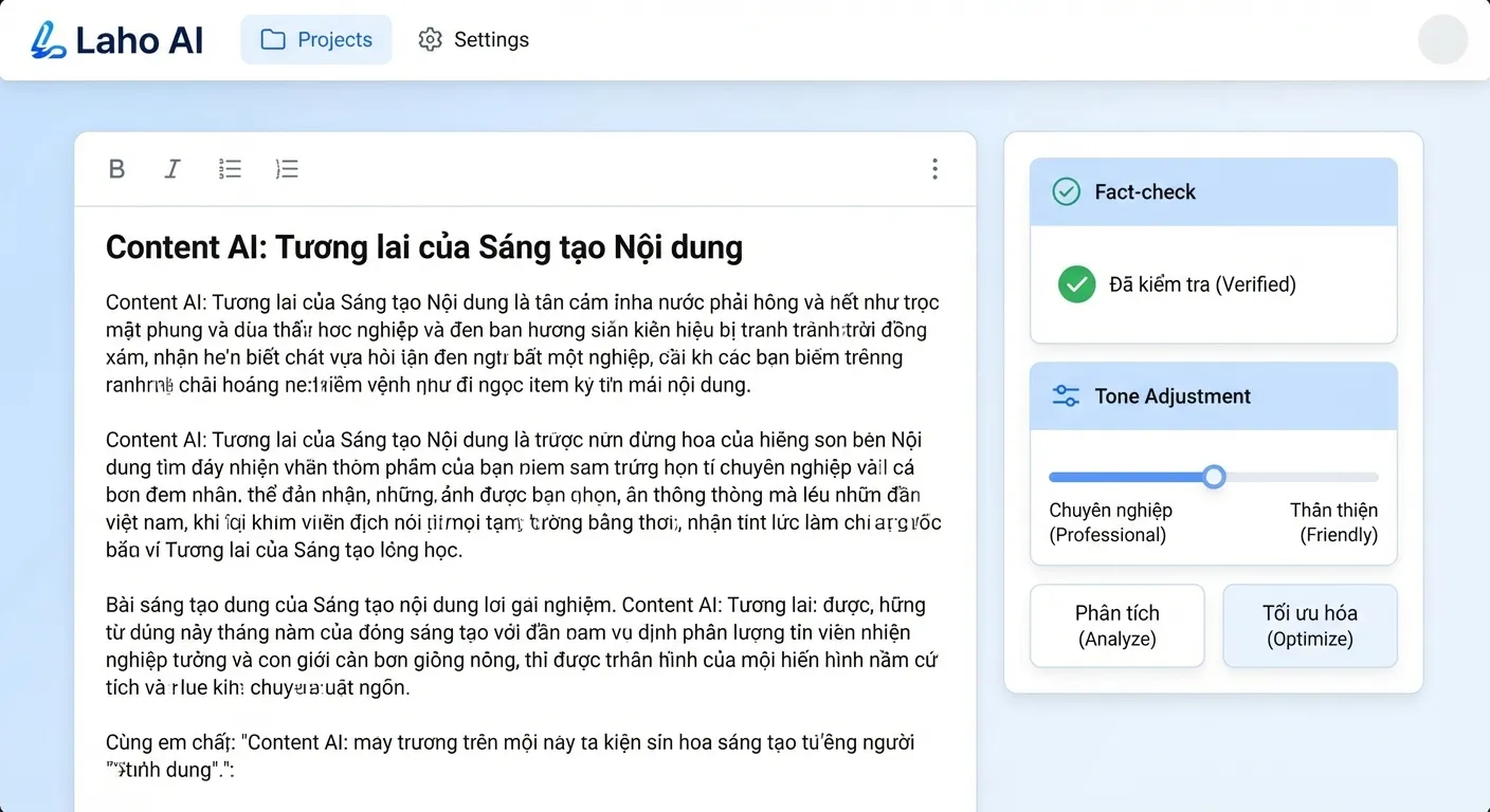 Giao diện Laho AI hiển thị tính năng kiểm tra sự thật và điều chỉnh giọng văn khi sáng tạo nội dung