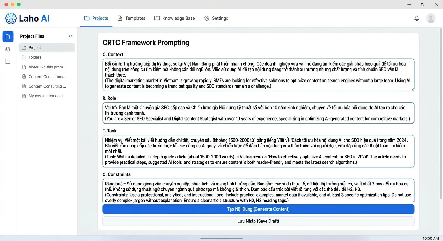 Giao diện Laho AI hiển thị ví dụ khung prompt CRTC tối ưu nội dung AI chuẩn SEO hiệu quả