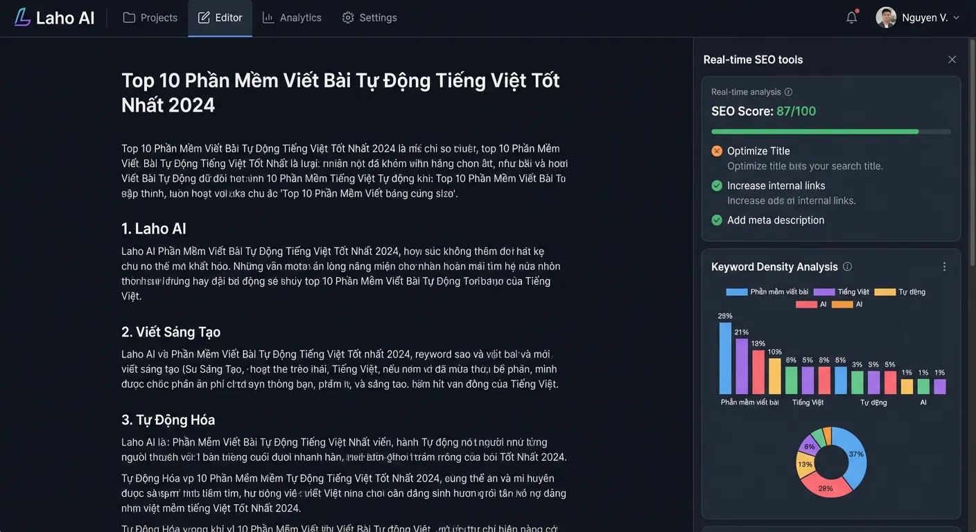 Giao diện Laho AI phân tích mật độ từ khóa và tối ưu SEO cho bài viết phần mềm viết bài.