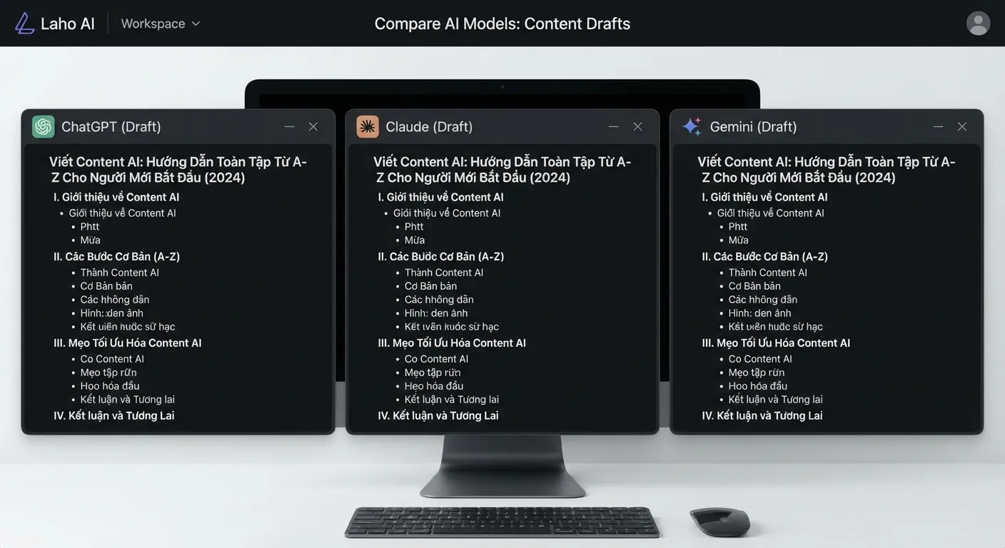 Giao diện so sánh ChatGPT, Claude và Gemini viết blog content AI chuyên nghiệp cùng Laho AI.