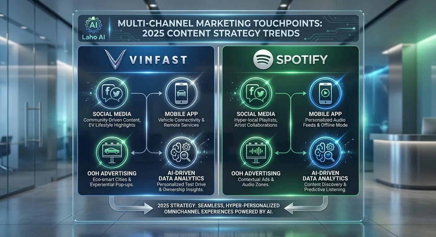 Infographic so sánh điểm chạm đa kênh của VinFast và Spotify trong chiến lược marketing từ Laho AI