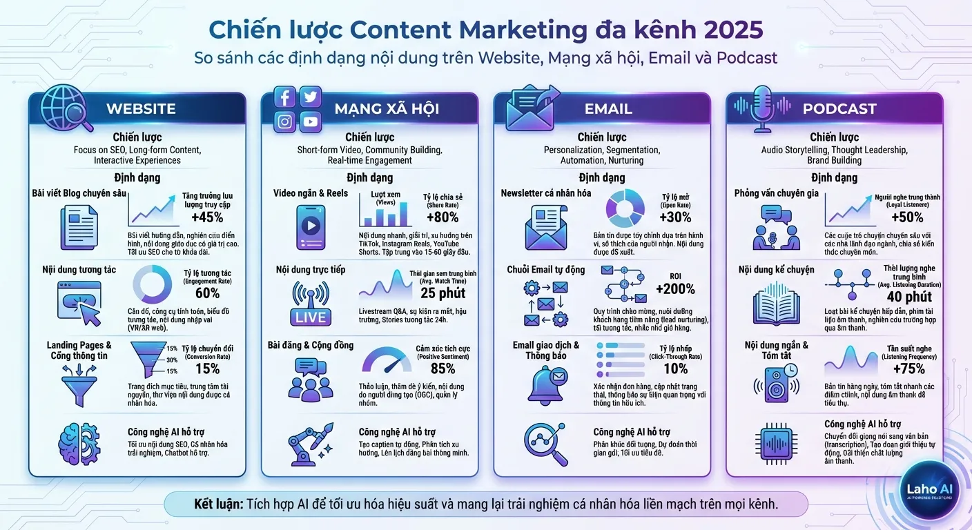 Infographic so sánh định dạng Content Marketing đa kênh 2025 của Laho AI trên website, social, email và podcast.