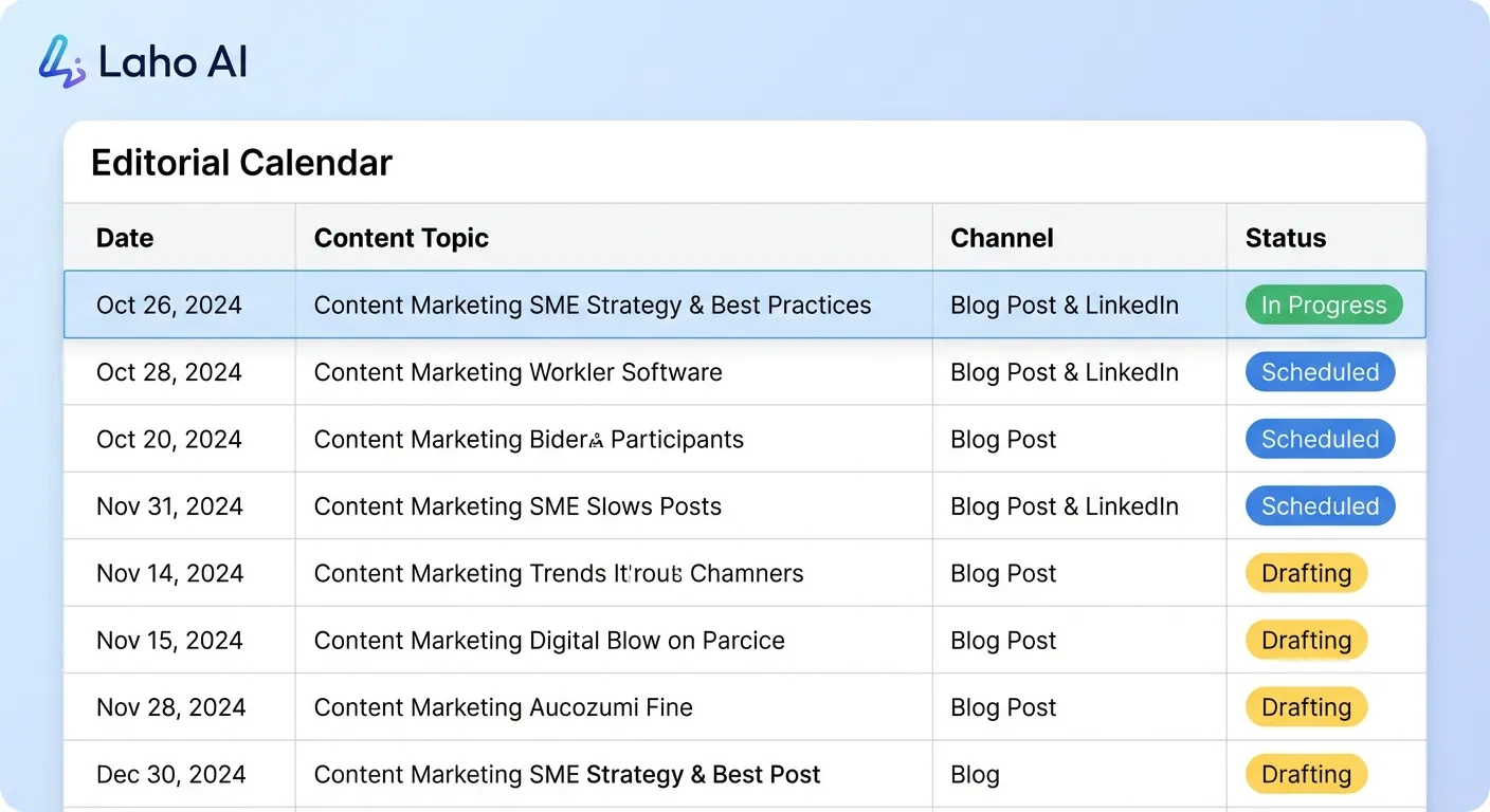 Mẫu lịch biên tập nội dung từ Laho AI giúp SME xây dựng chiến lược content marketing tối ưu.