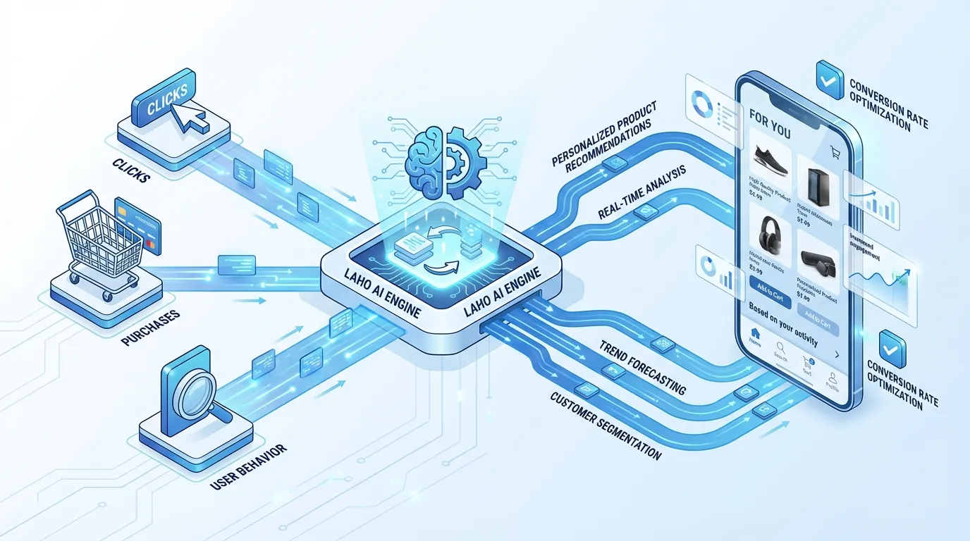 Quy trình Laho AI phân tích dữ liệu người dùng để gợi ý sản phẩm cá nhân hóa, tăng doanh thu.