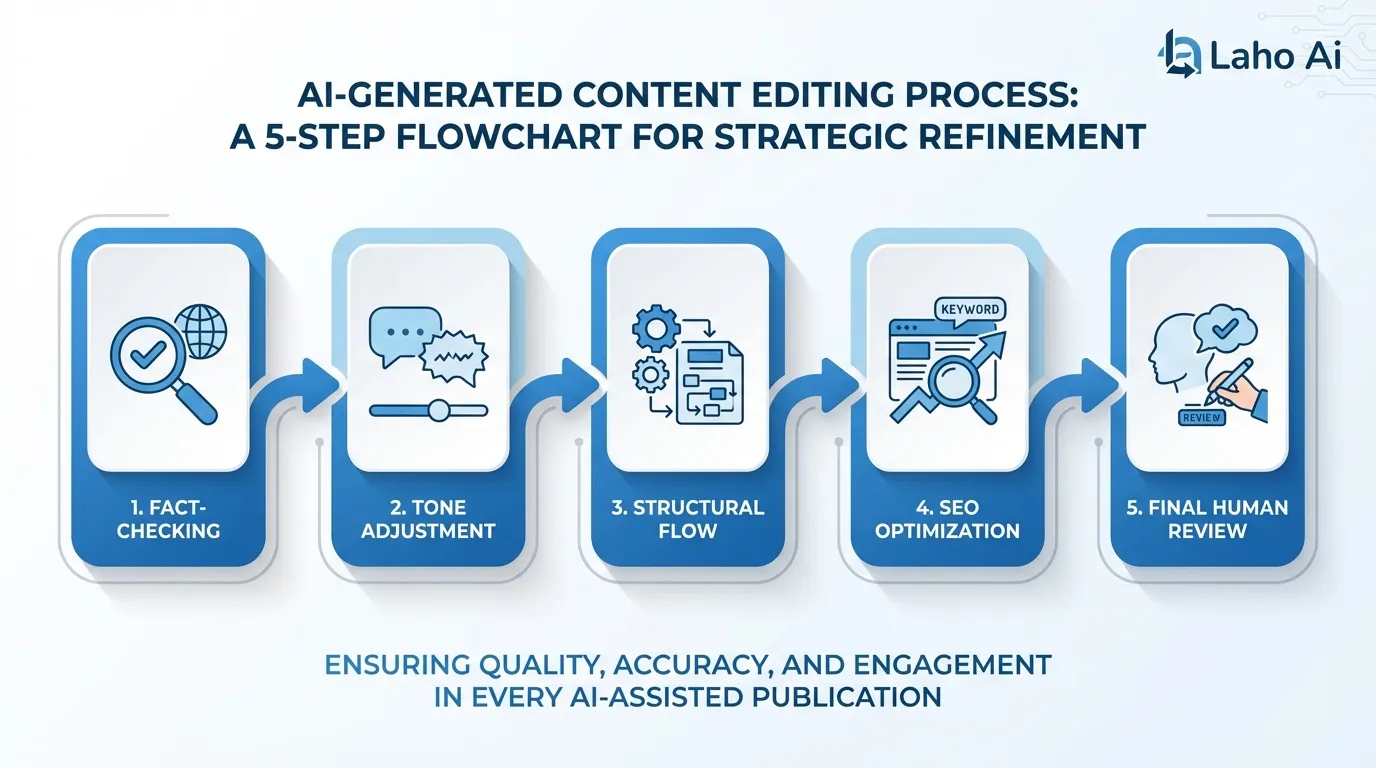 Sơ đồ quy trình 5 bước biên tập nội dung AI chuyên nghiệp và chất lượng tại Laho Ai