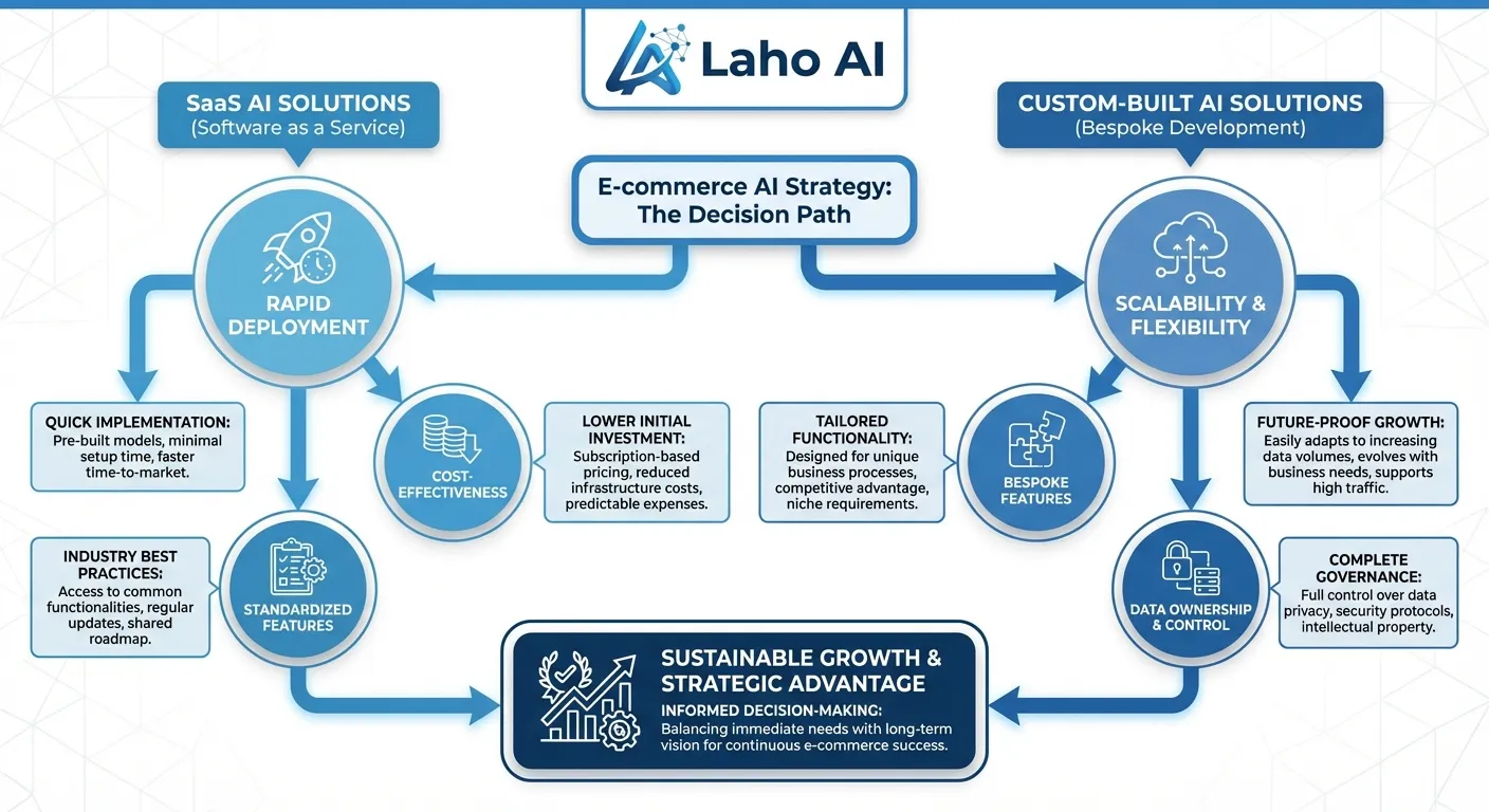 So sánh giải pháp AI SaaS và Custom cho thương mại điện tử từ Laho AI giúp tăng trưởng doanh thu.