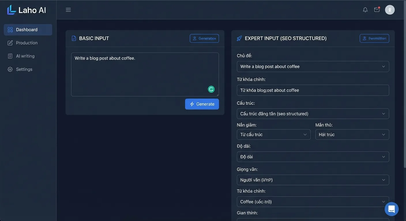 So sánh prompt cơ bản và prompt tiếng Việt chuyên sâu trên phần mềm viết bài Laho AI