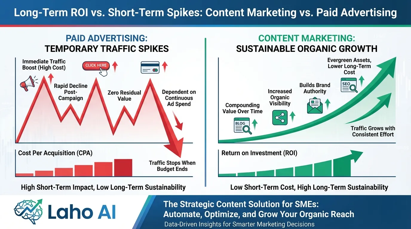 So sánh ROI bền vững của content marketing và quảng cáo trả phí cho SME cùng Laho AI