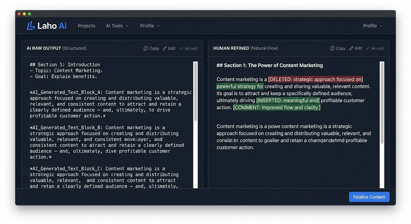 So sánh văn bản AI thô và nội dung được Laho Ai biên tập tự nhiên, chuyên nghiệp.